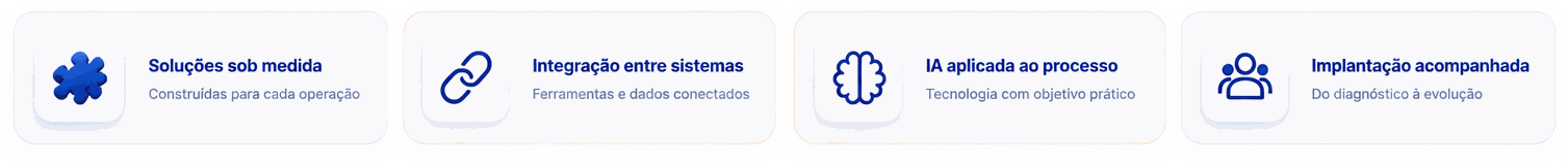 Quatro diferenciais da AutoGuts: Solu&ccedil;&otilde;es sob medida, construídas para cada opera&ccedil;&atilde;o; Integra&ccedil;&atilde;o entre sistemas, com ferramentas e dados conectados; IA aplicada ao processo, com tecnologia com objetivo pr&aacute;tico; e Implanta&ccedil;&atilde;o acompanhada, do diagn&oacute;stico &agrave; evolu&ccedil;&atilde;o.